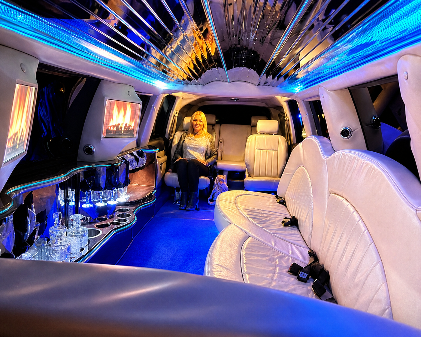Champagne flutes inside limo