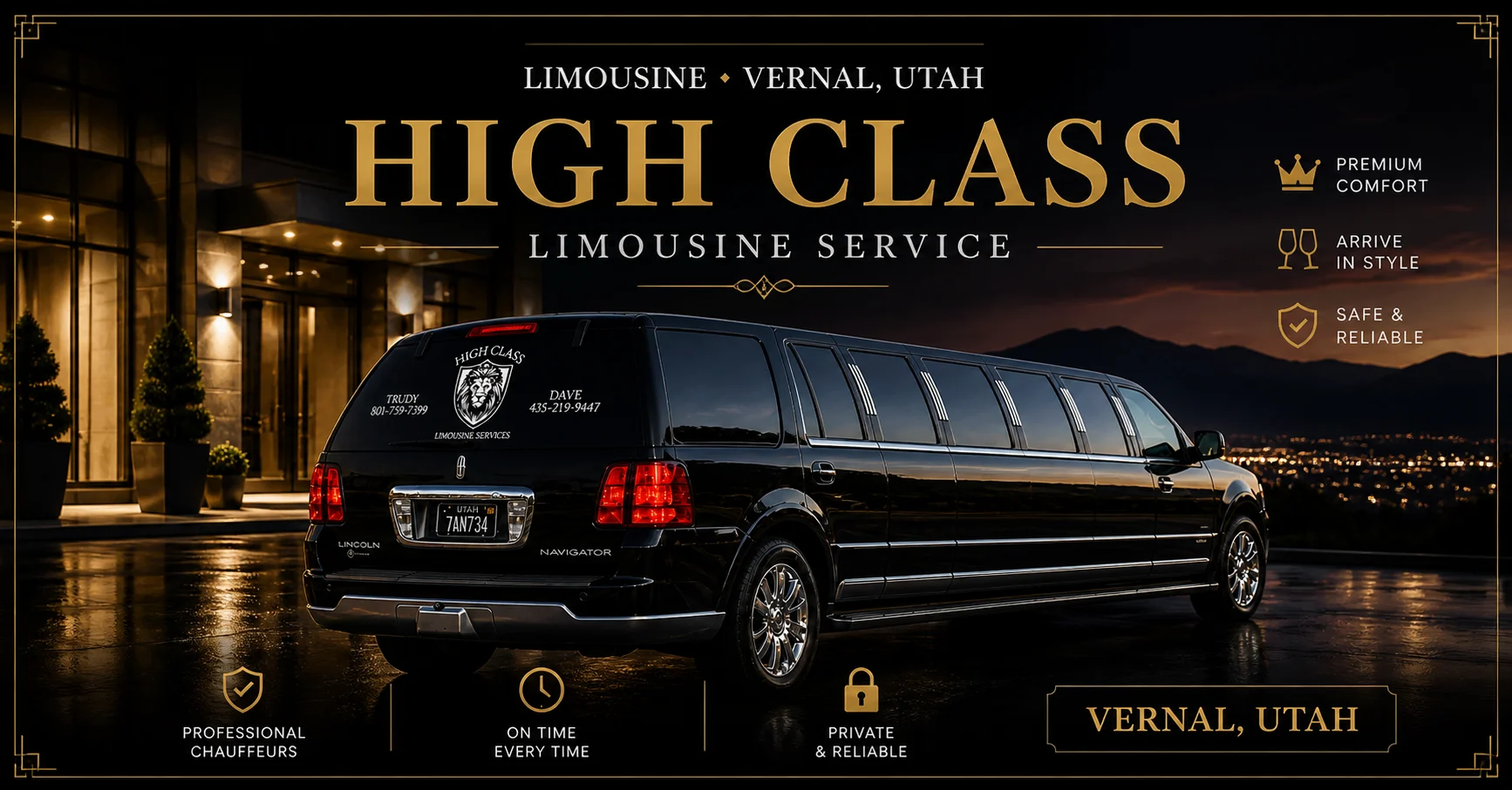 Black High Class stretch limousine at night in Vernal, Utah