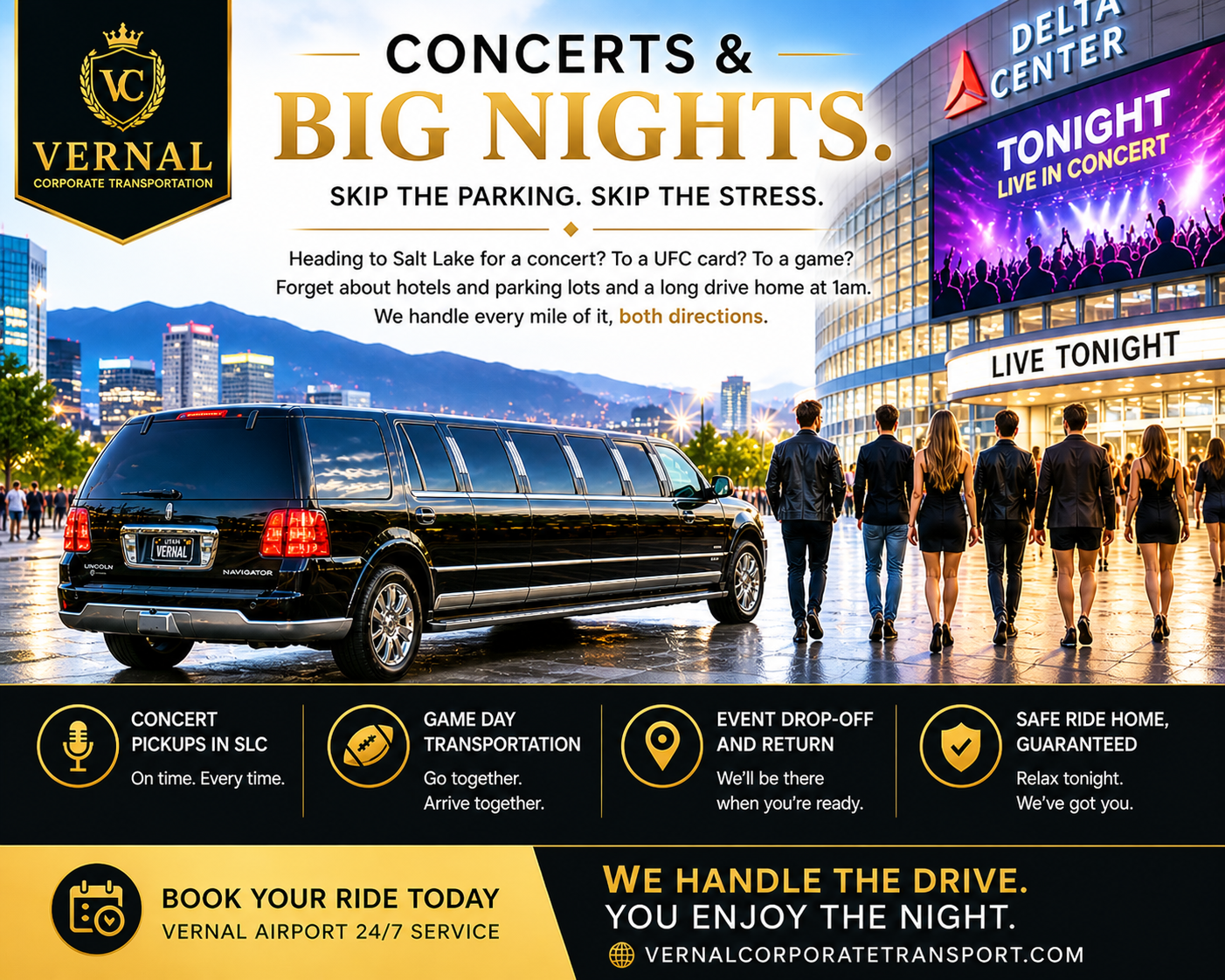 Limousine outside concert venue at night