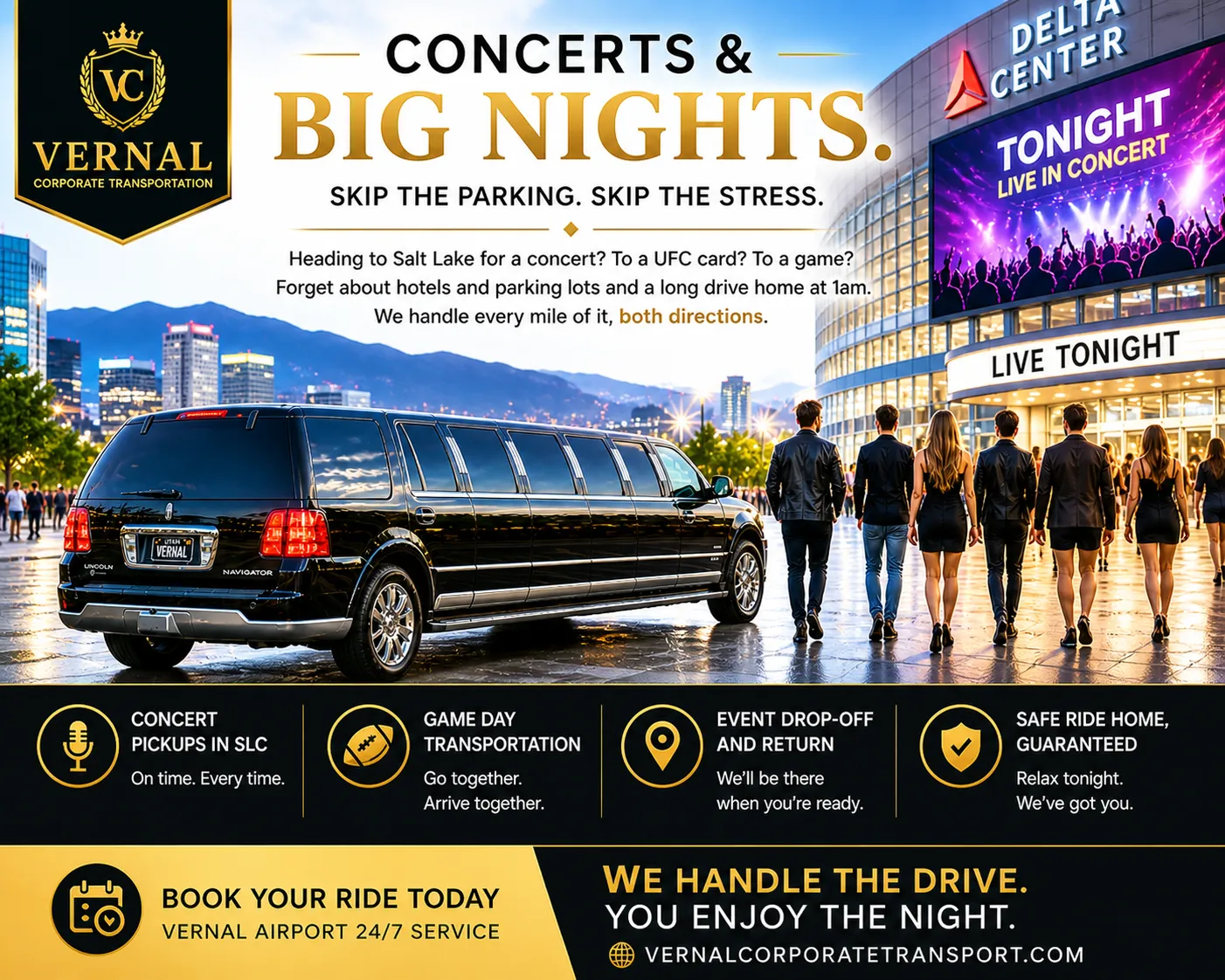 Limousine outside concert venue at night