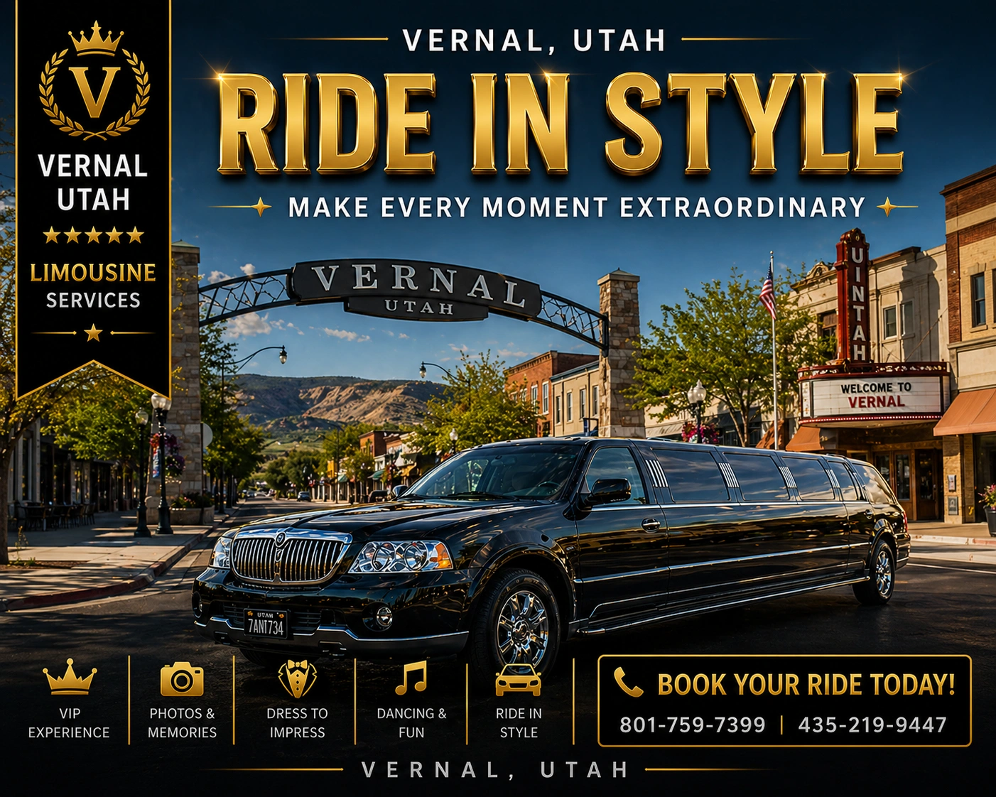 Stretch limousine beneath the Vernal, Utah town arch