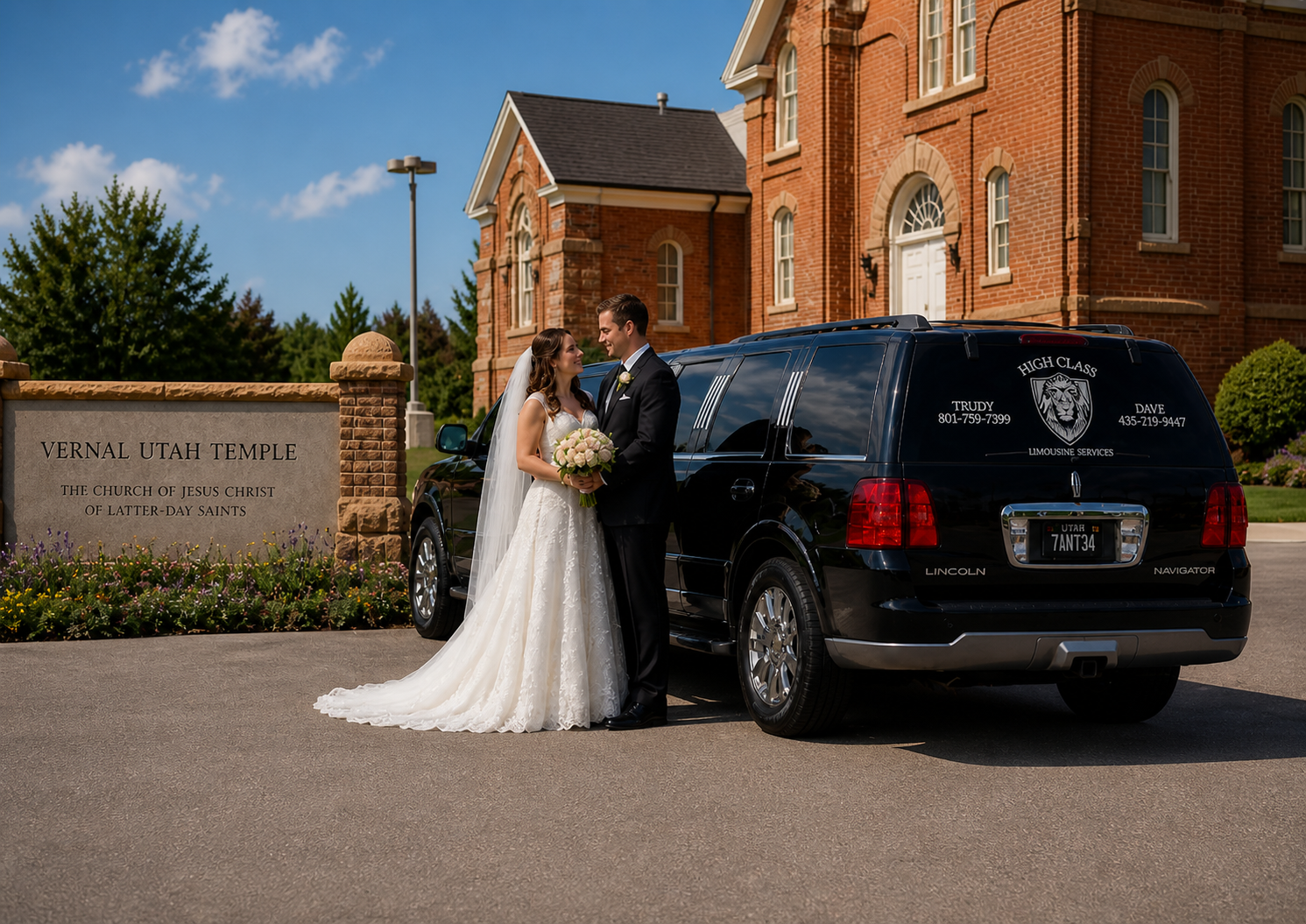Limousine departure at sunset after wedding